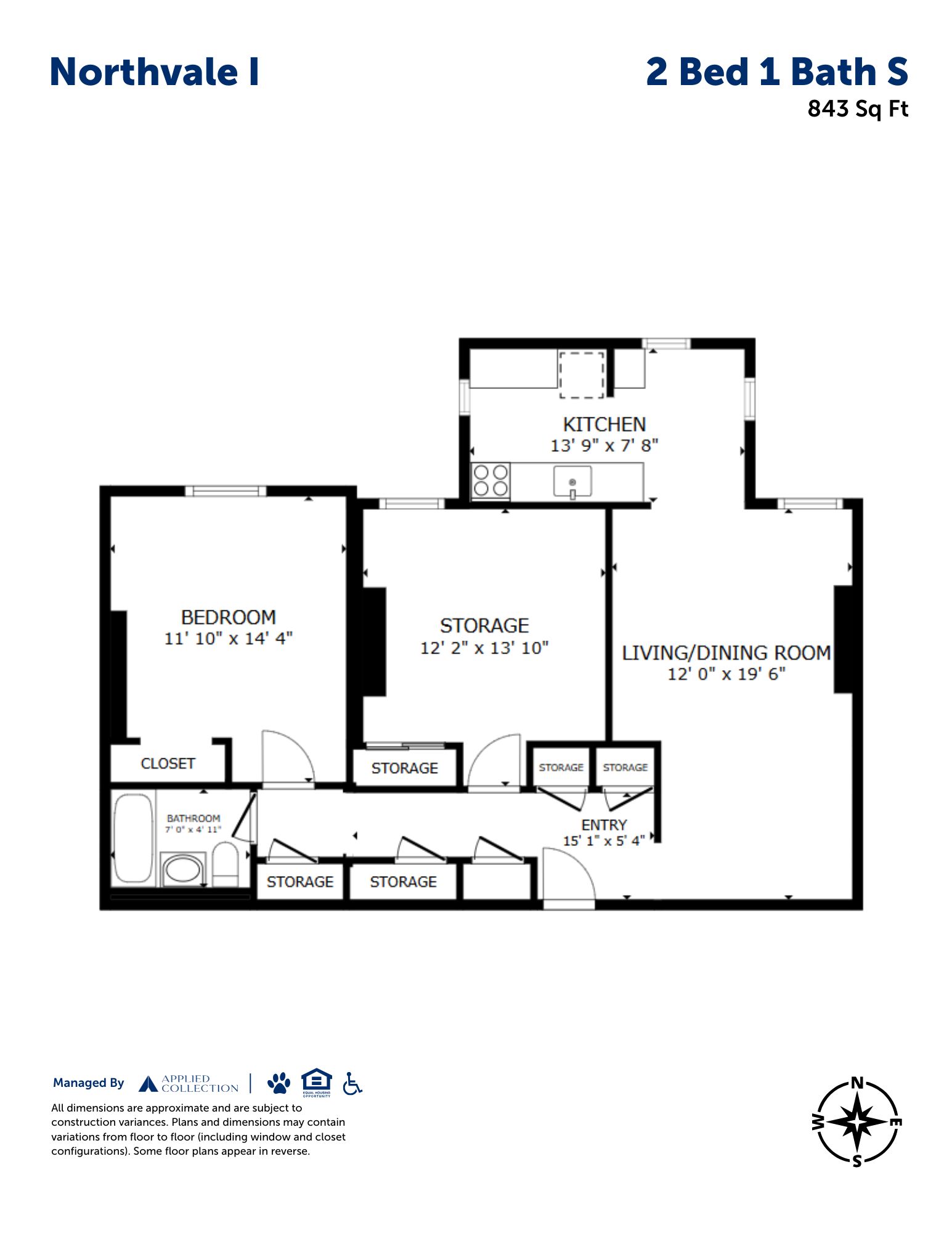Floor plan for 2 beds, 1 bath, 843 sqft